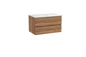 Balmani Lucida zwevend badkamermeubel 90 x 55 cm teak met Facetta enkel tablet in solid surface mat wit