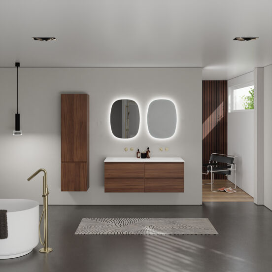 Balmani Lucida meuble salle de bains suspendu 135 x 55 cm noyer américain avec Tablo Arcato double vasque en solid surface blanc mat