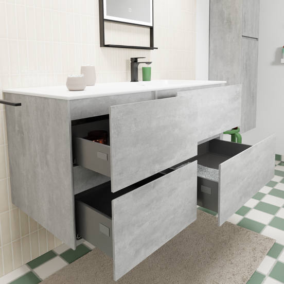 Storke Edge meuble salle de bains suspendu 110 x 52 cm béton gris foncé avec Mata vasque asymétrique droite en solid surface blanc mat