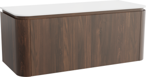 Balmani Moon hängendes Möbelstück Set: 130 x 55 cm, Amerikanischer Nussbaum, mit Moon Einzel- oder Doppel Waschtischplatte, Solid Surface Weiß matt