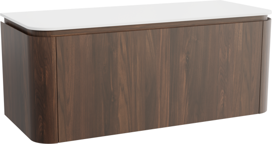 Balmani Moon hängendes Möbelstück Set: 130 x 55 cm, Amerikanischer Nussbaum, mit Moon Einzel- oder Doppel Waschtischplatte, Solid Surface Weiß matt