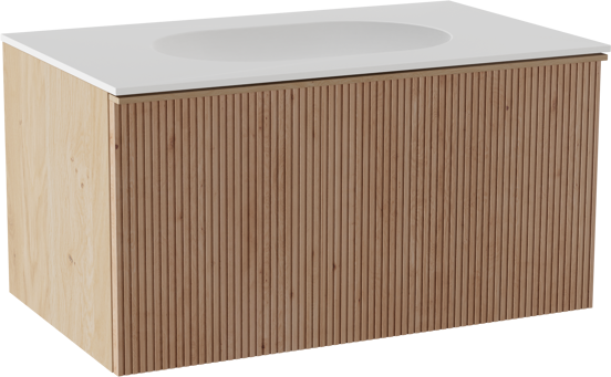 Balmani Forma zwevend badkamermeubel 90 x 55 cm natuur eik met Tablo Oval enkele wastafel in solid surface mat wit, Verticale symmetrische rechte ribbel