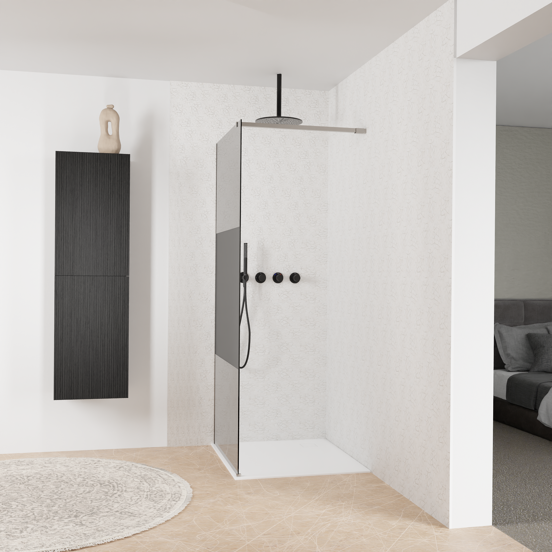 Balmani Modular Walk-In Dusche: 90 x 200 cm, Rauchglas mit mattiertem Streifen, inklusive Coating, Profil Brushed Inox