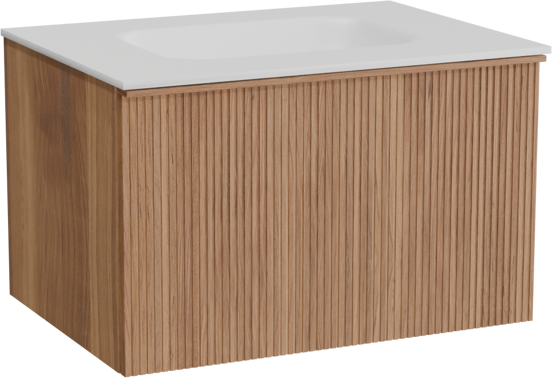 Balmani Forma hängendes Möbelstück Set: 75 x 55 cm, Teak, mit Tablo Arcato Einzelwaschtisch, Solid Surface, Weiß matt, Vertikale symmetrische gerade Rippe