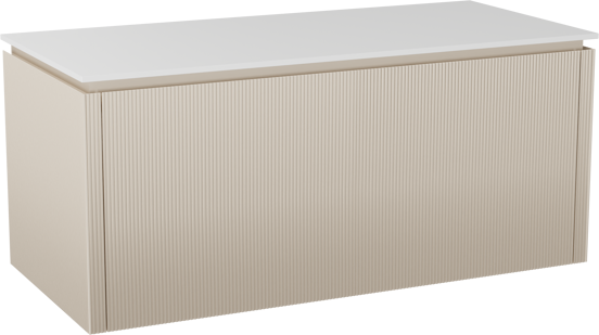 Balmani Eclips meuble salle de bains suspendu 120 x 55 cm Sandbeige avec Stretto tablette simple ou double en Solid Surface blanc mat, Nervure droite symétrique verticale