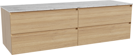 Balmani Mitra zwevend badkamermeubel 180 x 55 cm natuur eik met Stretto enkel of dubbel tablet in marmer carrara