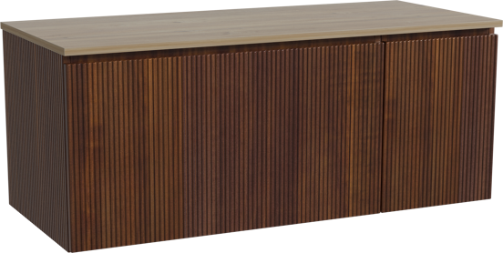 Storke Ribs zwevend badkamermeubel 120 x 52 cm notelaar met Panton enkel of dubbel tablet in melamine ruwe eik, Verticale symmetrische rechte ribbel