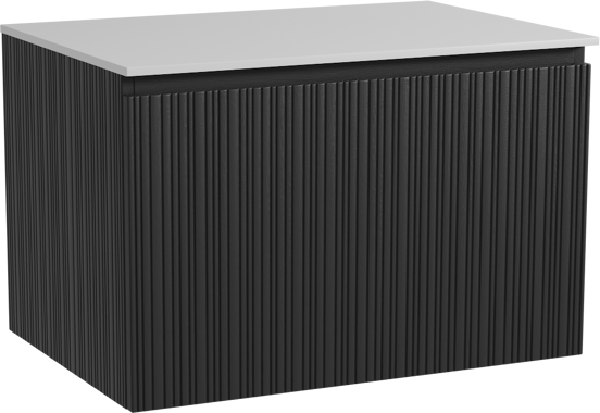 Storke Ribs meuble salle de bains suspendu 75 x 52 cm chêne noir avec Tavola tablette simple en solid surface blanc mat, Nervure droite asymétrique verticale
