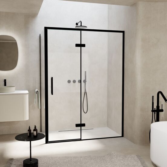 Balmani Senses Design douchecabine met rechtse draaideur en vaste zijwand, 140 x 100 cm, Helder glas, Zwarte profielen, met coating