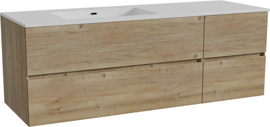 Storke Edge meuble salle de bains suspendu 150 x 52 cm chêne brut avec Diva plan vasque asymétrique à gauche en marbre composite blanc brillant