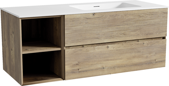 Storke Edge meuble salle de bains suspendu 130 x 52 cm chêne brut avec Mata plan vasque asymétrique à droite en solid surface blanc mat