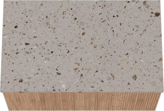 Balmani Forma hängendes Möbelstück Set: 90 x 55 cm, Teak, mit Stretto Einzel Waschtischplatte, Terrazzo in Greige, Vertikale symmetrische gerade Rippe