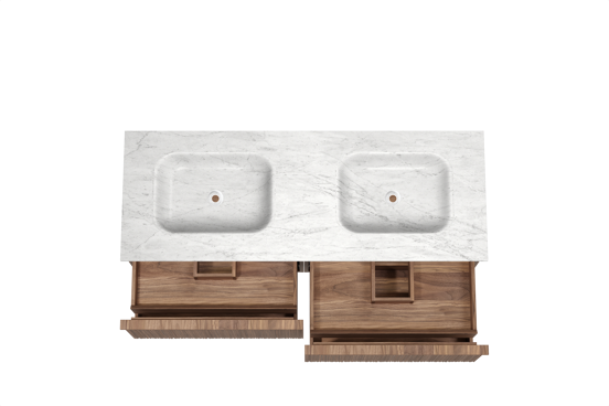 Balmani Forma zwevend badkamermeubel 150 x 55 cm amerikaanse notelaar met Tablo Arcato dubbele wastafel in marmer carrara, Verticale asymmetrische ronde ribbel