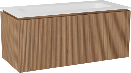 Balmani Eclips zwevend badkamermeubel 120 x 55 cm Teak met Tablo Arcato enkele wastafel in Solid Surface mat wit, Verticale symmetrische rechte ribbel