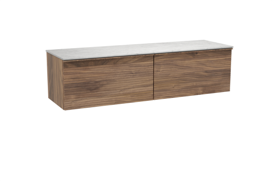 Balmani Forma hängendes Möbelstück Set: 180 x 55 cm, Amerikanischer Nussbaum, mit Stretto Einzel- oder Doppel Waschtischplatte, Marmor, Carrara, Horizontale symmetrische gerade Rippe