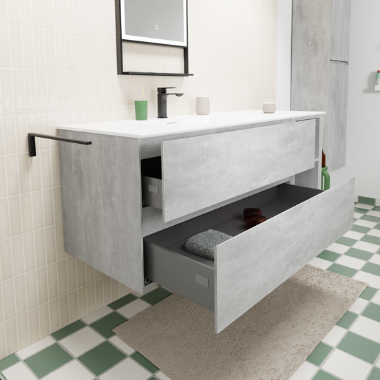 Storke Edge meuble salle de bains suspendu 140 x 52 cm béton gris foncé avec Mata plan vasque asymétrique à gauche en solid surface blanc mat