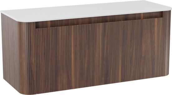 Storke Soft zwevend badkamermeubel 120 x 46 cm notelaar met Tavola Soft enkele of dubbele tablet in solid surface mat wit, Verticale symmetrische rechte ribbel