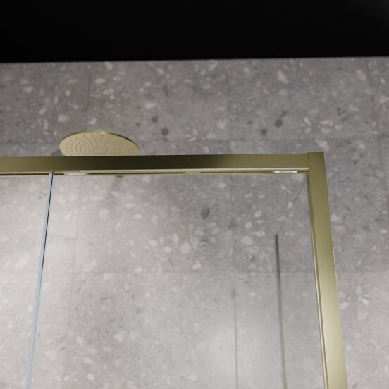 Balmani Senses Design douchehoek met linkse schuifdeur en vaste zijwand, 120 x 80 cm, Helder glas met matte strook, Brushed Champagne Gold profielen