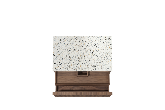 Balmani Forma hängendes Möbelstück Set: 90 x 55 cm, Amerikanischer Nussbaum, mit Stretto Einzel Waschtischplatte, Terrazzo in Weiß/Schwarz matt, Vertikale symmetrische gerade Rippe