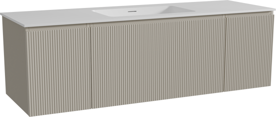 Storke Ribs zwevend badkamermeubel 155 x 52 cm zijdegrijs met Mata enkele wastafel in solid surface mat wit, Verticale symmetrische rechte ribbel