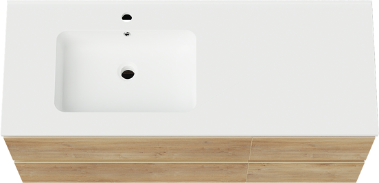 Linie Lado meuble salle de bains suspendu 120 x 46 cm chêne naturel avec Vano vasque asymétrique gauche en marbre composite blanc mat