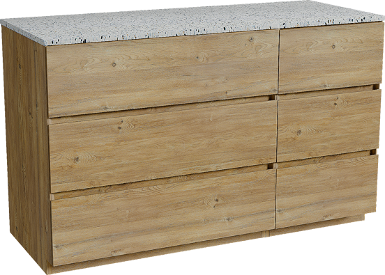 Storke Edge freistehendes Möbelstück Set: 130 x 52 cm, Rohe Eiche, mit Tavola Einzel- oder Doppel Waschtischplatte, Terrazzo in Weiß/Schwarz matt