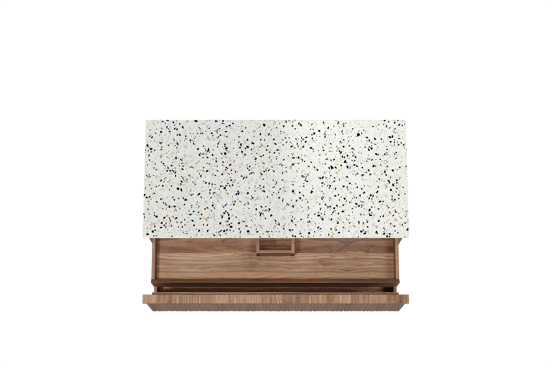 Balmani Forma hängendes Möbelstück Set: 120 x 55 cm, Amerikanischer Nussbaum, mit Stretto Einzel- oder Doppel Waschtischplatte, Terrazzo in Weiß/Schwarz matt, Vertikale asymmetrische Runde Rippe