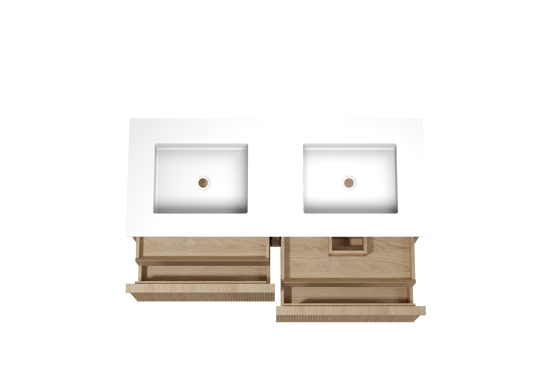 Balmani Forma meuble salle de bains suspendu 135 x 55 cm chêne naturel avec Tablo Stretto double vasque en solid surface blanc mat, Nervure droite symétrique verticale
