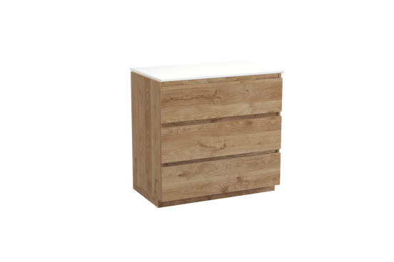 Balmani Lucida staand badkamermeubel 90 x 55 cm ruwe eik met Stretto enkel tablet in solid surface mat wit