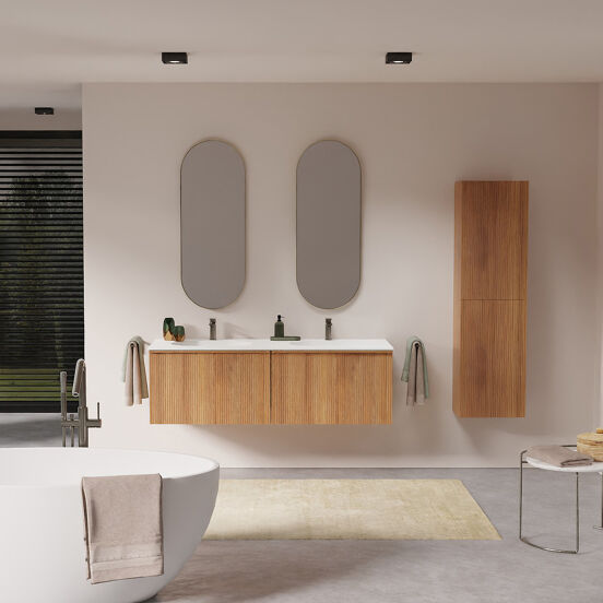 Balmani Forma zwevend badkamermeubel 150 x 55 cm teak met Tablo Oval dubbele wastafel in solid surface mat wit, Verticale symmetrische rechte ribbel