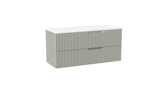 Linie Ribbo meuble salle de bains suspendu 120 x 46 cm greige avec Lado tablette double en marbre composite blanc mat, Nervure circulaire symétrique verticale