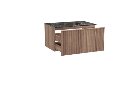 Balmani Forma hängendes Möbelstück Set: 90 x 55 cm, Teak, mit Tablo Arcato Einzelwaschtisch, Marmor, Portoro Gold, Vertikale symmetrische gerade Rippe