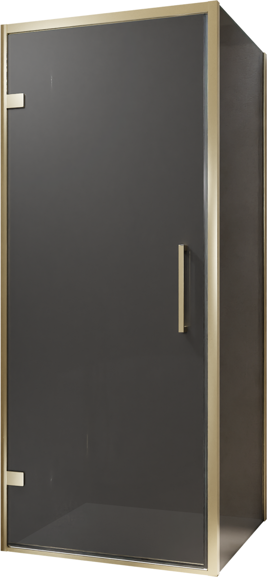 Balmani Senses Design douchehoek met linkse draaideur en vaste zijwand, 90 x 100 cm, Rookglas, Brushed Champagne Gold profielen