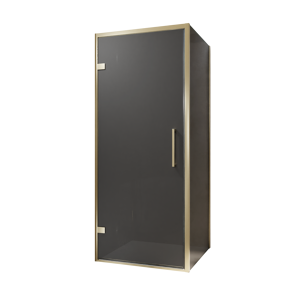 Balmani Senses Design douchehoek met linkse draaideur en vaste zijwand, 90 x 100 cm, Rookglas, Brushed Champagne Gold profielen