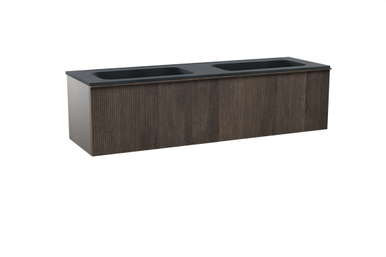 Balmani Forma meuble salle de bains suspendu 180 x 55 cm chêne fumé avec Tablo Strada double vasque en marbre composite noir mat, Nervure droite symétrique verticale