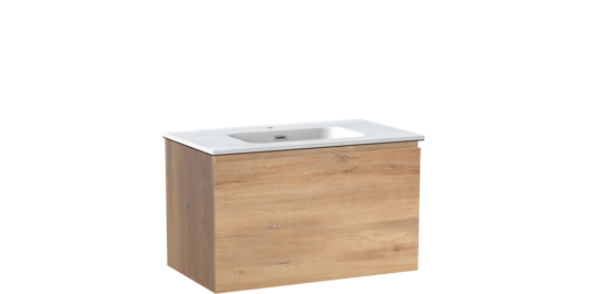 Linie Lado meuble salle de bains suspendu 80 x 46 cm chêne naturel avec Baro plan simple en porcelaine blanc mat