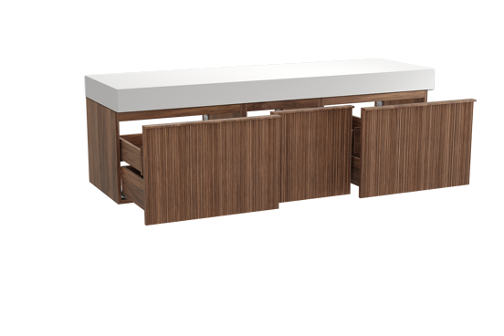 Balmani Forma hängendes Möbelstück Set: 180 x 55 cm, Amerikanischer Nussbaum, mit Dominus Einzel- oder Doppel Waschtischplatte, Solid Surface, Weiß matt, Vertikale asymmetrische Runde Rippe