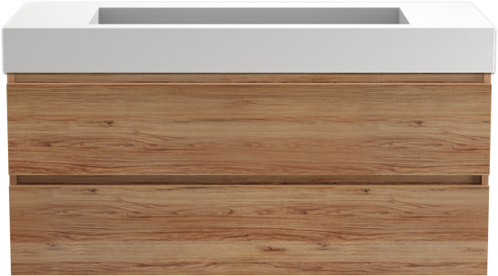 Balmani Lucida zwevend badkamermeubel 120 x 55 cm teak met Modus enkele wastafel voor 2 kraangaten in solid surface mat wit