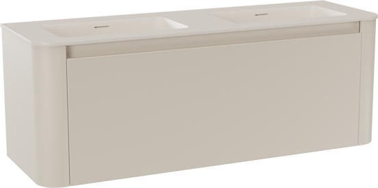 Storke Soft hängendes Möbelstück Set: 140 x 46 cm, Sand Matt, mit Mata Soft Doppelwaschtischplatte Solid Surface Beige Granit
