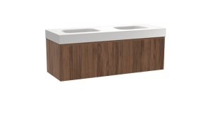 Balmani Fila hängendes Möbelstück Set: 150 x 55 cm, Nussbaum, mit Arcato Doppelwaschtisch, Solid Surface, Weiß matt, Vertikale symmetrische gerade Rippe