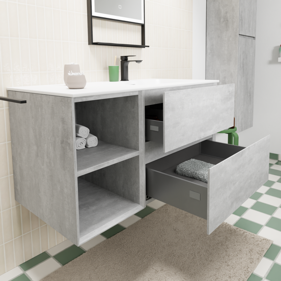 Storke Edge zwevend badmeubel 100 x 52 cm beton donkergrijs met Mata asymmetrisch rechtse wastafel in solid surface mat wit