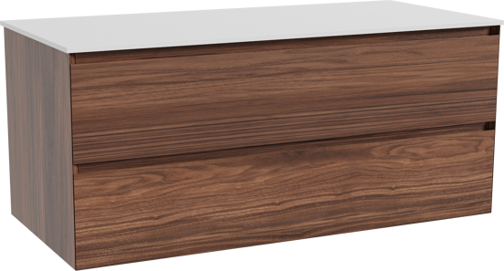 Balmani Mitra zwevend badkamermeubel 120 x 55 cm notelaar met Stretto enkel of dubbel tablet in solid surface mat wit