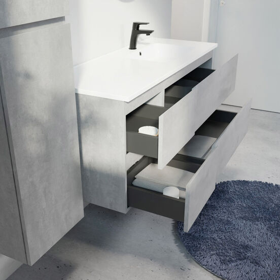 Linie Lado meuble salle de bains suspendu 120 x 46 cm béton gris foncé avec Vano vasque asymétrique droite en marbre composite blanc brillant