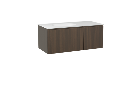 Balmani Sfera meuble salle de bains suspendu 120 x 55 cm eucalyptus avec Tablo Oval plan vasque asymétrique à gauche en solid surface blanc mat