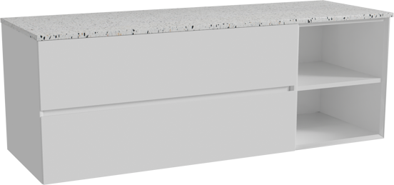 Storke Edge zwevend badmeubel 150 x 52 cm hoogglans wit met Tavola enkel of dubbel wastafelblad in mat wit/zwart terrazzo