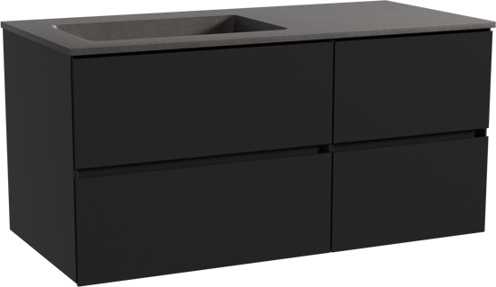 Storke Edge zwevend badmeubel 110 x 52 cm mat zwart met Scuro asymmetrisch linkse wastafel in kwarts mat zwart