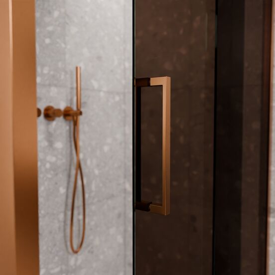 Balmani Senses Design douchehoek met rechtse schuifdeur en vaste zijwand, 140 x 100 cm, Brons, Brushed Rosegold profielen
