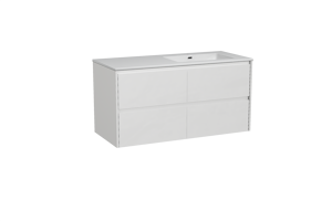 Storke Seda meuble salle de bains suspendu 120 x 52 cm blanc mat avec Diva vasque asymétrique droite en marbre composite blanc brillant