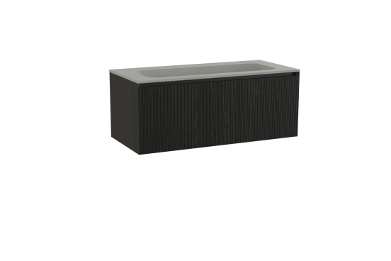 Balmani Fila meuble salle de bains suspendu 120 x 55 cm chêne noir avec Tablo Strada lavabo simple pour 2 trous de robinet en marbre composite soie grise, Nervure droite symétrique verticale