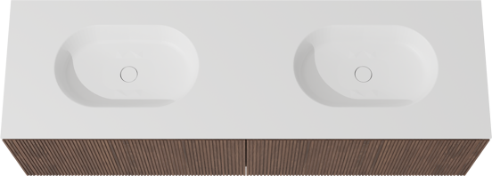 Balmani Eclips zwevend badkamermeubel 180 x 55 cm Amerikaanse notelaar met Tablo Oval dubbele wastafel in Solid Surface mat wit, Verticale symmetrische rechte ribbel